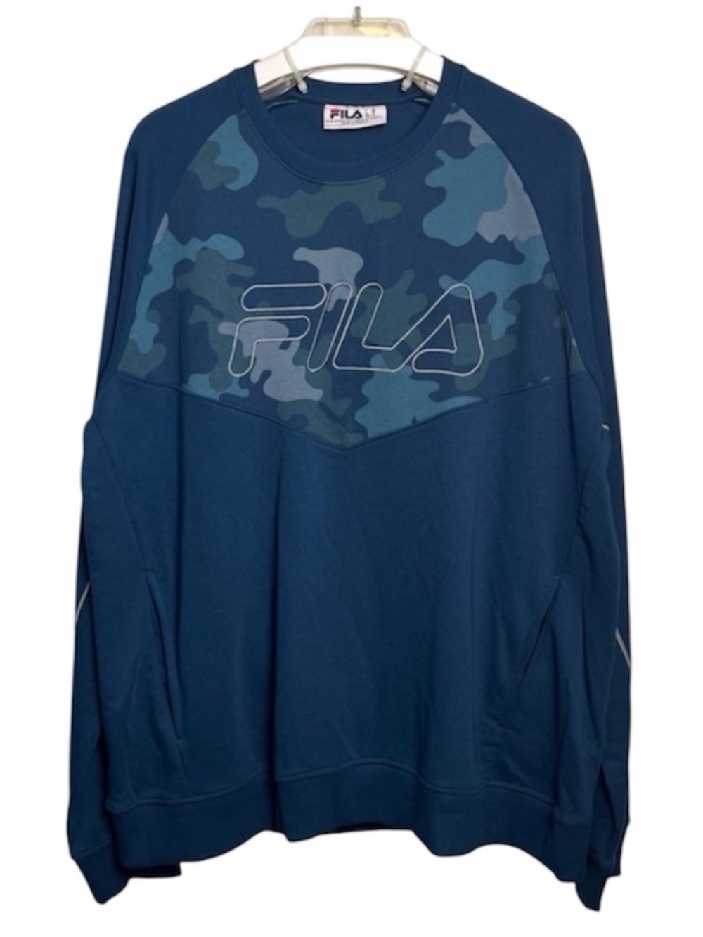 FILA Men's Teal and Navy Camouflage Crewneck Sweater